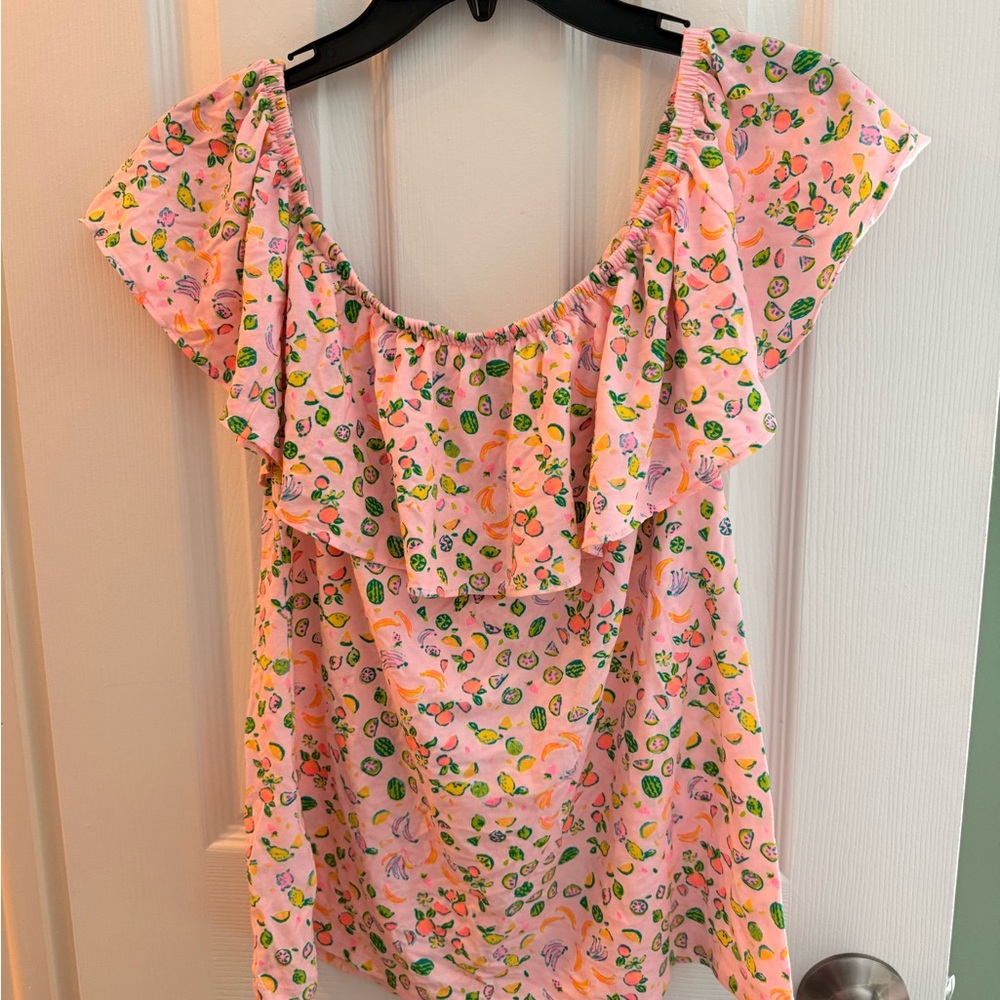 Lilly Pulitzer Pink fruit print off the shoulder ruffle top